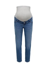 Blå gravide jeans med en justerbar myk grå magepanel for komfort og støtte under svangerskapet, vist på en hvit bakgrunn.