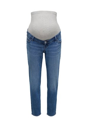Jeans de maternité bleus avec un panneau de ventre doux gris ajustable pour le confort et le soutien pendant la grossesse, présentés sur un fond blanc.
