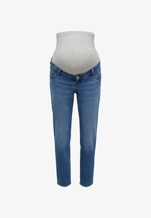 Jeans de maternidade azuis com um painel para a barriga ajustável e suave em cinza, para conforto e suporte durante a gravidez, exibidos sobre um fundo branco.