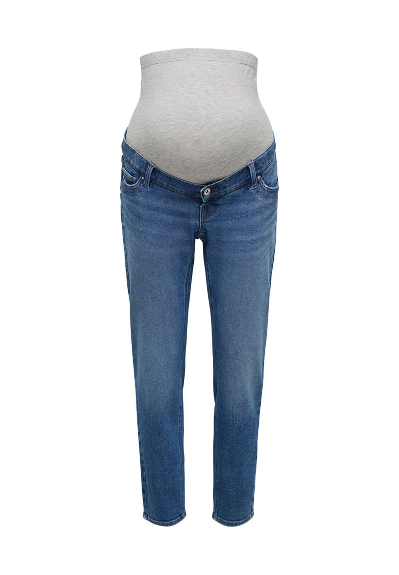 Blå gravide jeans med en justerbar myk grå magepanel for komfort og støtte under svangerskapet, vist på en hvit bakgrunn.