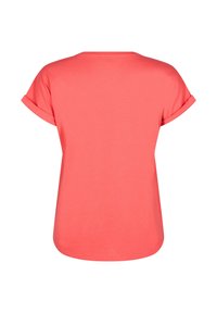 Koraalkleurig T-shirt met korte mouwen en een ronde hals. Heeft opgerolde mouwen en een afgeronde zoom voor een casual pasvorm. Glad, lichtgewicht stof.