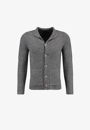 Cardigan grigio a coste realizzato in tessuto testurizzato, con colletto, cinque bottoni e due tasche frontali.