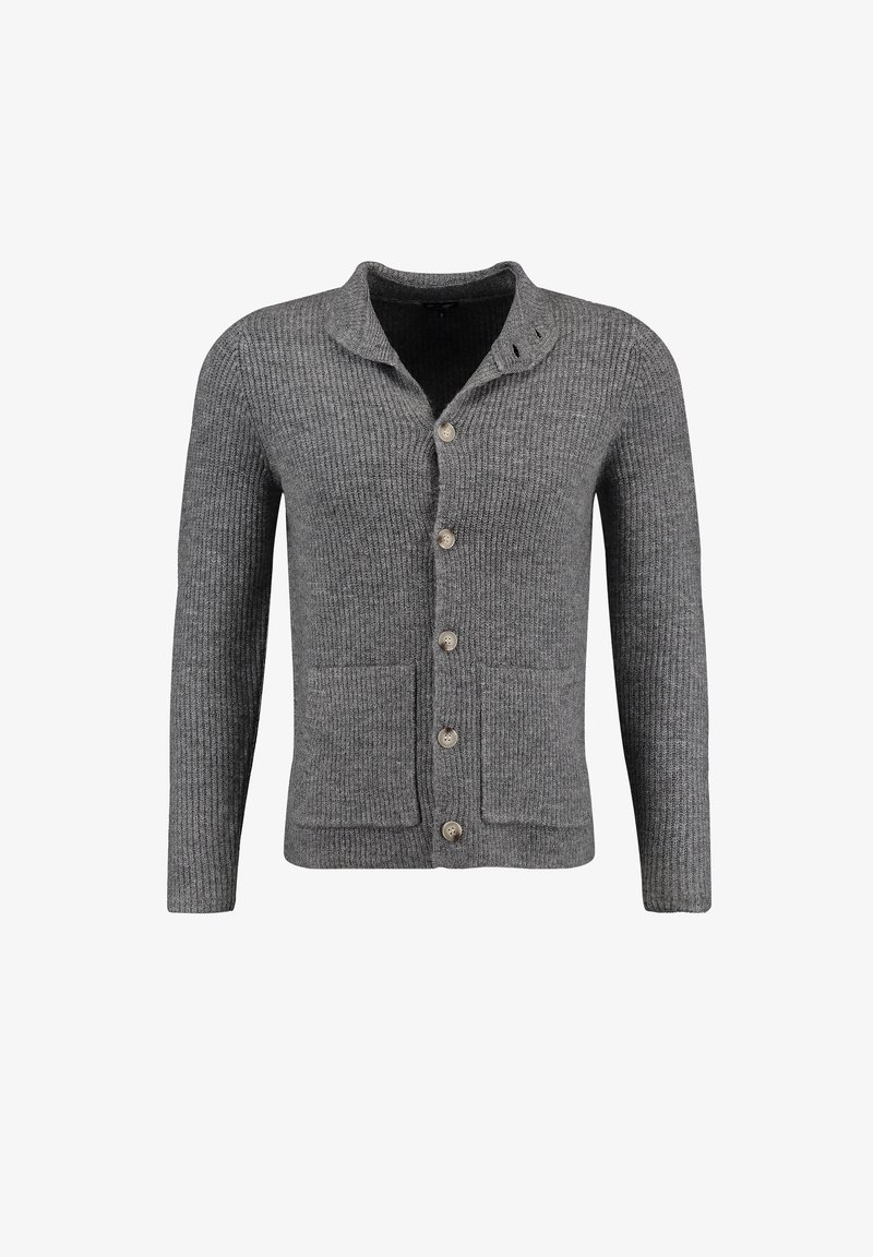 Szary kardigan z prążkowanego materiału, z kołnierzykiem, pięcioma guzikami i dwiema przednimi kieszeniami.