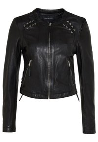 Černá kožená bunda s předním zipem, dvěma bočními kapsami na zip, kulatým límcem a kovovými očky na ramenou.