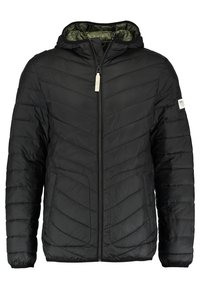 Svart puffjacka med huva, som har en chevron-design, texturerad tyg och grön foder. Framdragkedjeöppning med etikettdetalj.