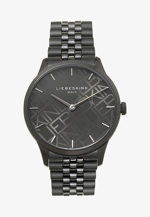 Montre-bracelet Liebeskind Berlin en acier inoxydable noir avec cadran minimaliste, index d'heure argentés et bracelet métallique à maillons assortis.