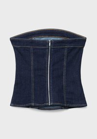 Tmavě modrý denimový korzet se zapínáním vpředu na zip a viditelným béžovým stehováním, strukturovaný svislými švy pro přiléhavý tvar.