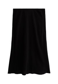 Jupe noire à mi-mollet, fabriquée en tissu léger au toucher doux. Présente un design évasé sans fermetures visibles ni motifs.