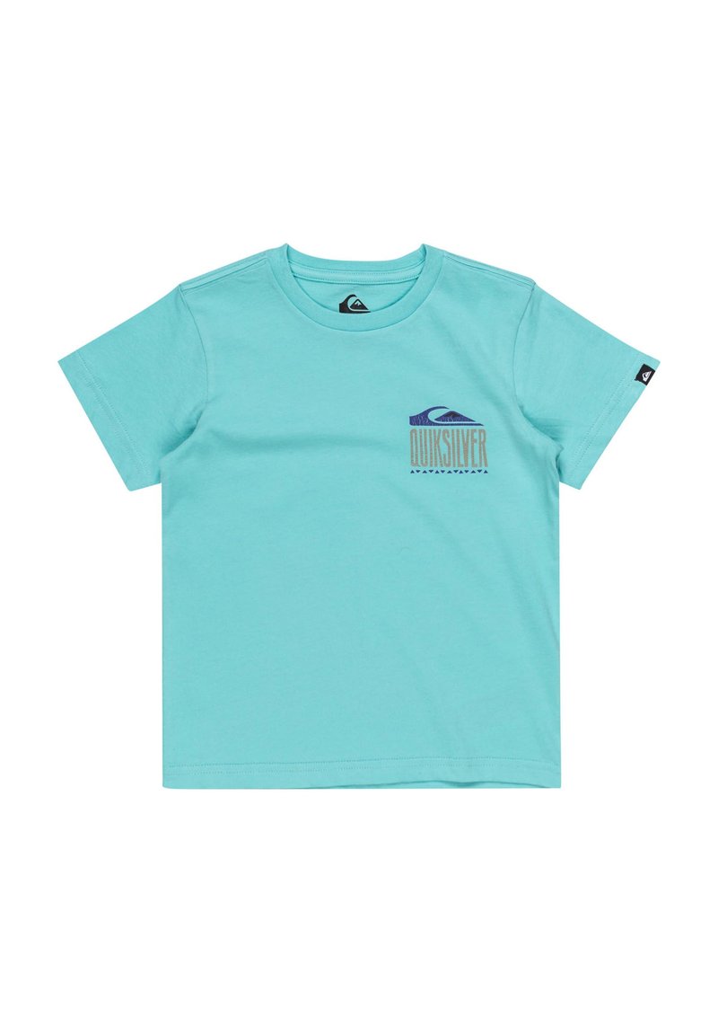 Camiseta de algodón turquesa con mangas cortas, escote redondo y un logo de Quiksilver en púrpura y oro en el área del pecho izquierdo.