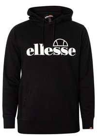 Sudadera negra con bolsillo canguro frontal, capucha con cordón y un gran logotipo blanco de "ellesse". Fabricada con una tela suave y con puños acanalados.