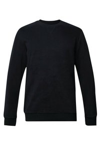 Sudadera negra de cuello redondo hecha de algodón suave. Presenta mangas largas, puños acanalados y un diseño simple sin patrones ni acentos.