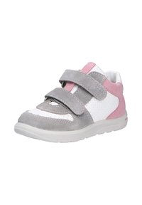 Grey, pink, and white sneaker featuring suede and perforated materials. Two Velcro straps, rounded toe, and cushioned sole design.