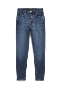 Tummansiniset denimmekot, joissa on slim fit -leikkaus, viiden taskun muotoilu, vyölenkit ja nappisuljenta vyötäröllä. Etuosassa lievää haalistumaa.