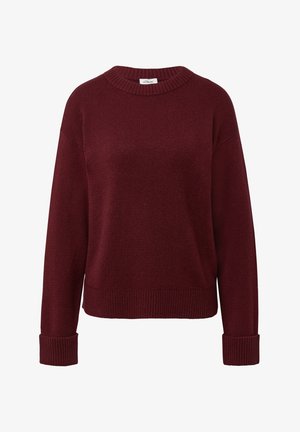 Burgundský pletený sveter s rebrovaným kruhovým výstrihom, manžetami a lemom, s dlhými rukávmi a voľným strihom.