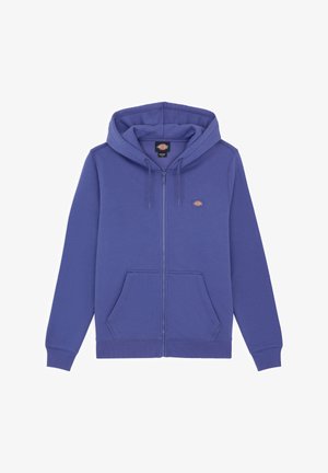 Fialová zipová mikina vyrobená z bavlněné směsi, s přední kapsou, nastavovací kapucí na šňůrku a logem na levé straně hrudi.