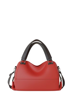 Red leather handbag with double black handles and an adjustable black shoulder strap on a white background.