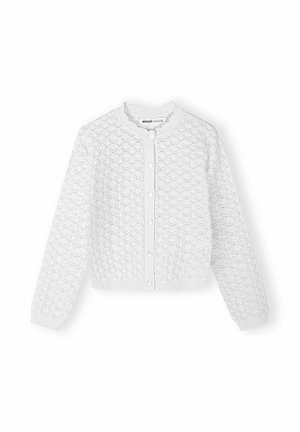 Cardigan blanc en tricot à manches longues avec boutons, motif en losanges texturé et col, poignets et ourlet côtelés.