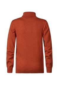 Pull de couleur rouille avec un col montant, des manches longues et un ourlet côtelé. Le matériau semble doux avec une texture lisse et un motif uni.