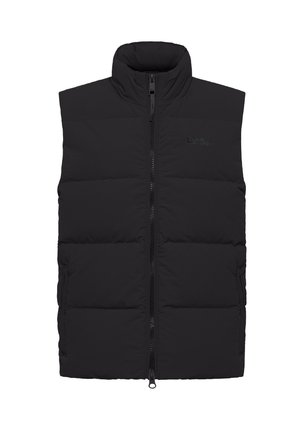 Black puffer vest with a high collar, front zip closure, and side pockets. Made from a smooth, insulated material with quilted sections.