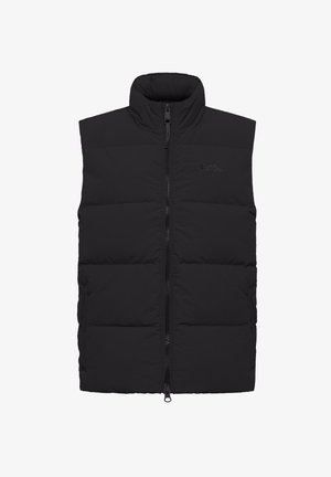 Schwarze Steppweste mit hohem Kragen, Frontreißverschluss und seitlichen Taschen. Hergestellt aus einem glatten, isolierten Material mit gesteppten Abschnitten.