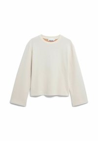 Hellbeiges, kurz geschnittenes Sweatshirt mit langen Ärmeln, rundem Ausschnitt und Seitenschlitzen; hergestellt aus weichem Stoff mit glatter Textur.