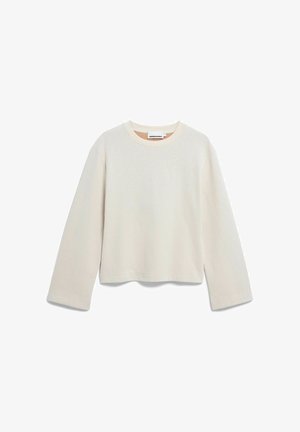 Hellbeiges, kurz geschnittenes Sweatshirt mit langen Ärmeln, rundem Ausschnitt und Seitenschlitzen; hergestellt aus weichem Stoff mit glatter Textur.