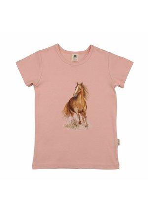 Light pink short-sleeve t-shirt featuring a running brown horse with flowing mane and dust clouds beneath its hooves on the front.
