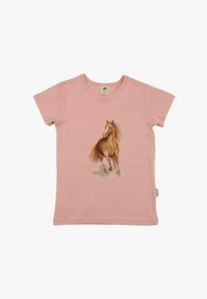 Light pink short-sleeve t-shirt featuring a running brown horse with flowing mane and dust clouds beneath its hooves on the front.