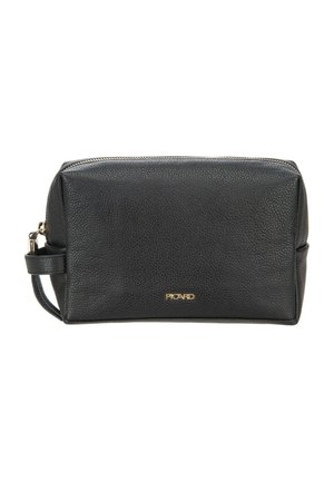 Neceser rectangular de cuero negro texturizado con cremallera dorada, correa lateral y pequeño logo dorado "PICARD" en el frente.