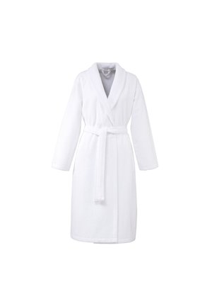 Accappatoio bianco realizzato in morbido cotone spugna. Presenta un colletto a scialle, maniche lunghe e cintura integrata. Design semplice e lungo fino al ginocchio.