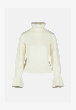 Cremfarbener Strickpullover mit hohem Rüschkragen und ausladenden Ärmeln. Hergestellt aus weichem Material, mit einer figurnahen Silhouette und geripptem Textur.