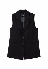 Schwarze ärmellose Weste mit Reverskragen, zwei vorderen Taschen und zwei Knöpfen. Glattes Gewebe mit leichtem Glanz, strukturierte Form.