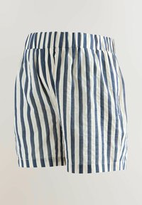 Pantaloncini a righe blu e bianche con una cintura elasticizzata, caratterizzati da una vestibilità morbida e una texture soffice. Le righe sono distribuite uniformemente e di larghezze variabili.