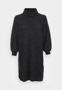 Abito a maglia grigio scuro con collo alto, maniche lunghe a sbuffo e vestibilità morbida. Il tessuto ha una consistenza morbida e una leggera elasticità.