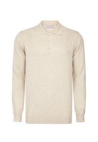 Beige langærmet poloshirt lavet af blødt strikstof, med krave, tre-knaps pløk og ribbede manchetter og kant.