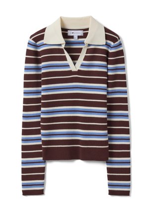 Langärmliger gerippter Pullover mit braunen, weißen und blauen horizontalen Streifen und einem cremefarbenen offenen Kragen.
