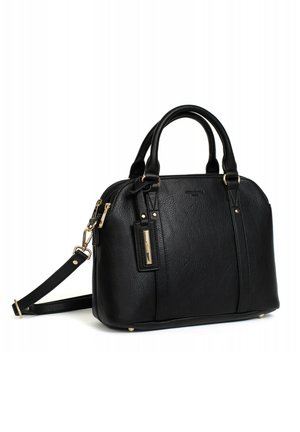 Sac à main en cuir noir avec une forme structurée, deux poignées et une bandoulière amovible. Quincaillerie dorée et fermeture éclair.