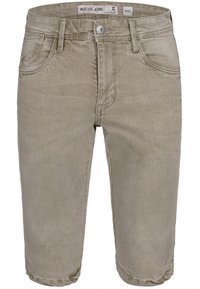 Beige denimshorts med lige snit, fem-lomme design og frontknaplukning. Har en subtil tekstur og en ren finish.
