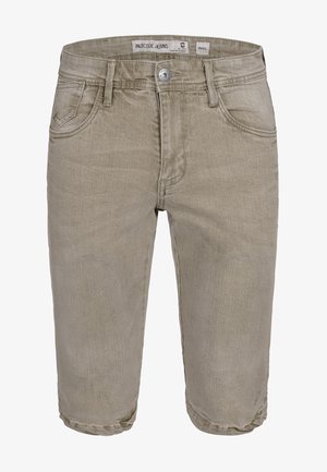 Beige farkkushortsit suoran leikkauksen, viiden taskun suunnittelun ja etupainon nauhoituksen kanssa. Ominaisuuksiin kuuluu hienovarainen tekstuuri ja siisti viimeistely.