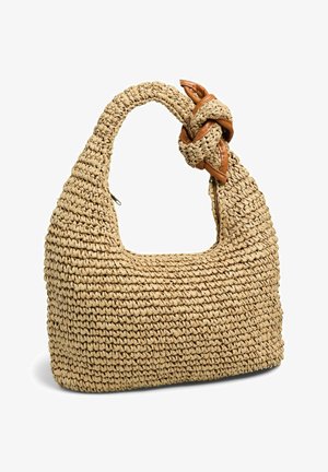 Sac à main en paille beige tressée avec un détail de poignée torsadée accentué par des bandes de cuir marron, sur fond blanc.