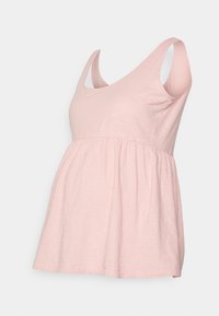 Ljusrosa ärmlös graviditetstopp med V-ringning, avslappnad passform, rynkad midja och mjukt, texturerat tyg.