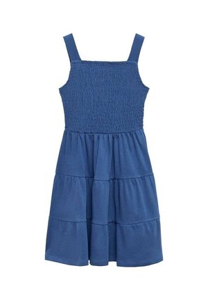 Robe sans manches bleue avec un corsage froncé et une jupe à volants, dotée de larges bretelles.