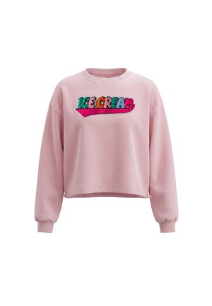 Lyserød langærmet sweatshirt med farverig tekstur "ICE CREAM" tekst på brystet og ribbet ærmekant og halsudskæring.