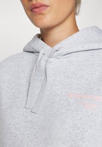 Gros plan d'une personne portant un sweat à capuche gris clair avec des cordons et un logo rose Björn Borg Stockholm 1956 sur la poitrine.