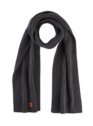 Dark gray ribbed scarf made of soft knit fabric, featuring a textured design and a small leather logo accent at one end.