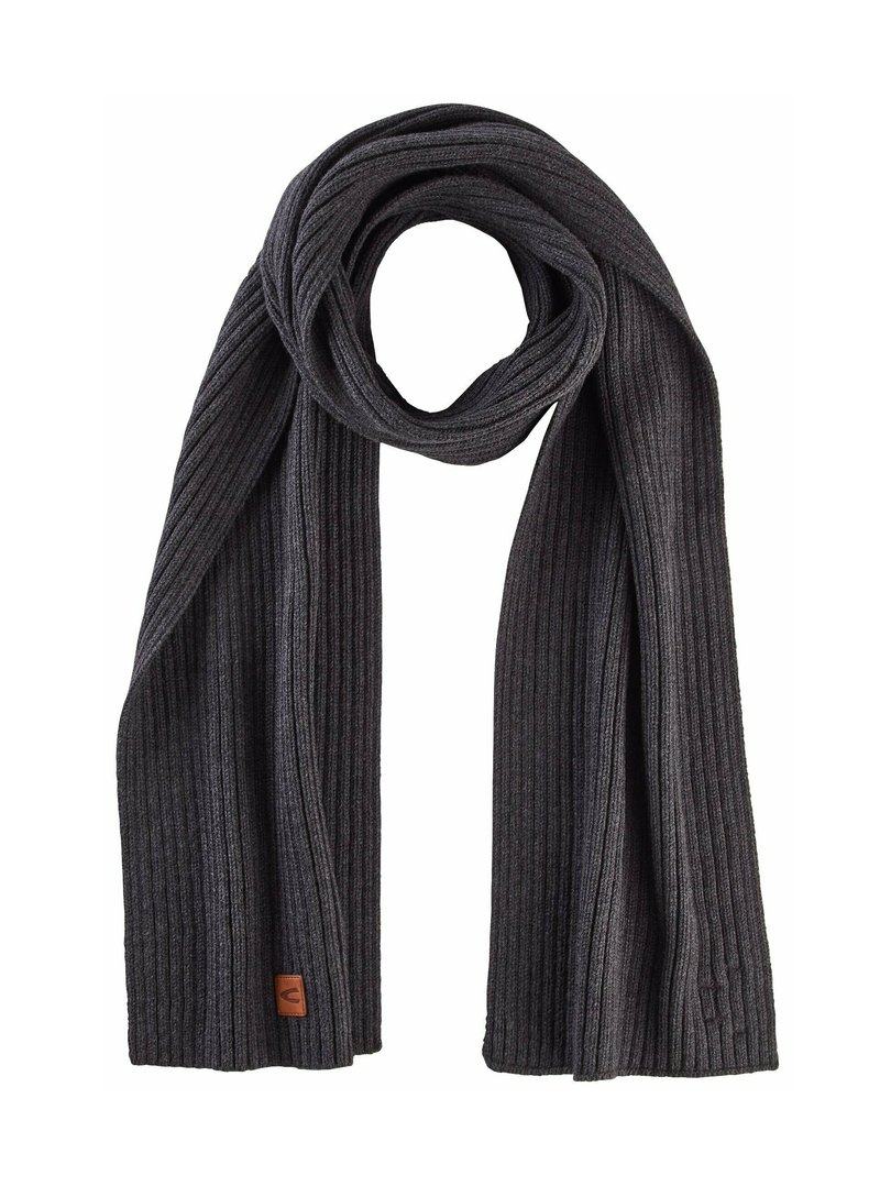 Dark gray ribbed scarf made of soft knit fabric, featuring a textured design and a small leather logo accent at one end.