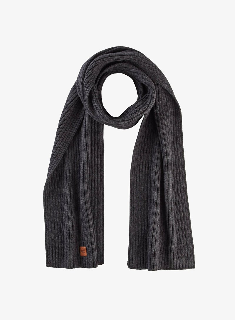 Dark gray ribbed scarf made of soft knit fabric, featuring a textured design and a small leather logo accent at one end.