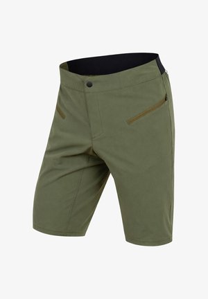 Olivgrüne Shorts in knielanger Länge mit schwarzem elastischem Bund, vorne mit Druckknopf und zwei seitlichen Reißverschlusstaschen.