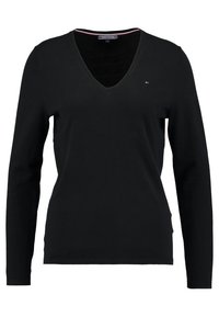 Schwarzer V-Ausschnitt-Pullover mit langen Ärmeln, aus einem Strickstoff gefertigt. Verfügt über ein kleines Logo in der Brusthöhe und einen gerippten Saum.