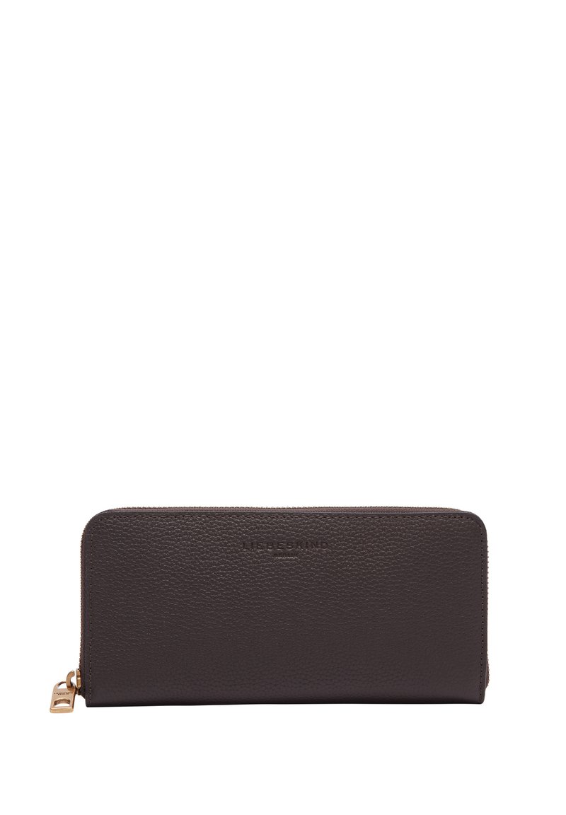 Portfel z ciemnobrązowej skóry o teksturowanej powierzchni. Posiada złoty zamek błyskawiczny i tłoczone logo. Prostokątny kształt z zamknięciem na zamek błyskawiczny wokół.